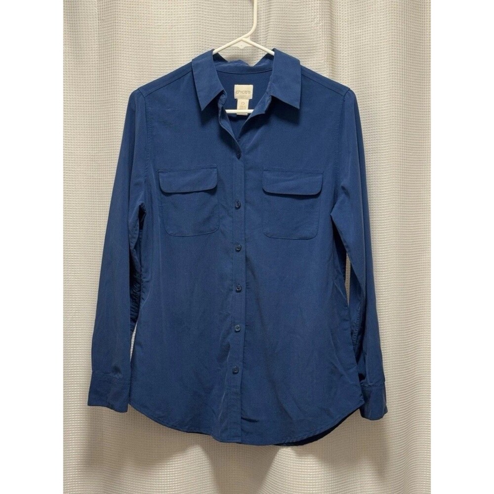 Chico’s Women’s Size 0 Blue Button Front Utility Shirt Modal Stretch Pockets